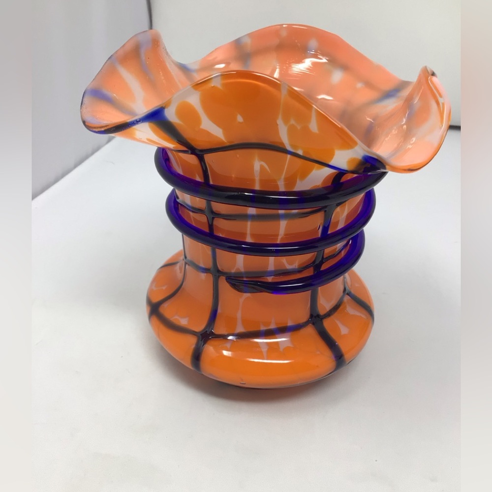 Vintage Czech glass Vase Orange with Blue glass trailing around vase